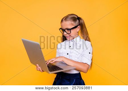 E-studying Concept. Side Profile Close Up Photo Portrait Of Cute Lovely Intelligent Nice Schoolkid W