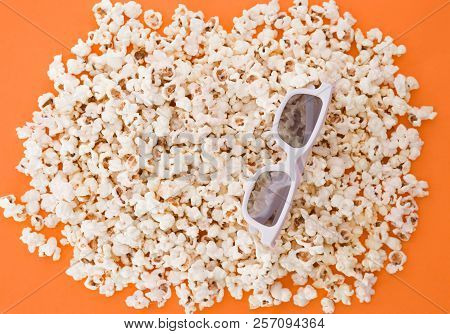 Background. Popcorn On A Bright Orange Background. 3d Glasses For Watching A Movie, Top View. Copysp
