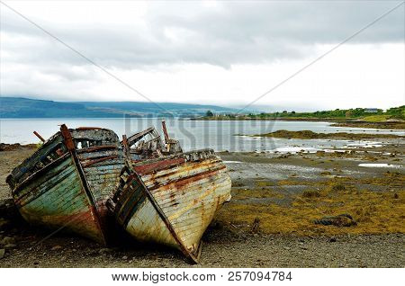 A View Of Rusting And Rotting Boats In Salen Bay On The Isle Of Mull