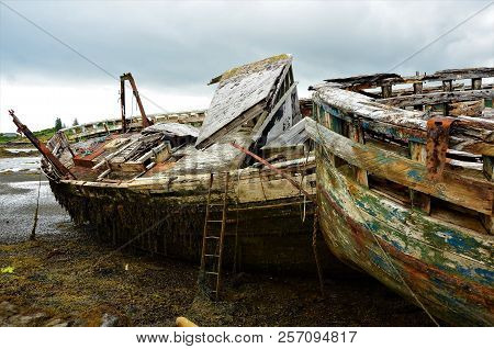 A View Of Rusting And Rotting Boats In Salen Bay On The Isle Of Mull