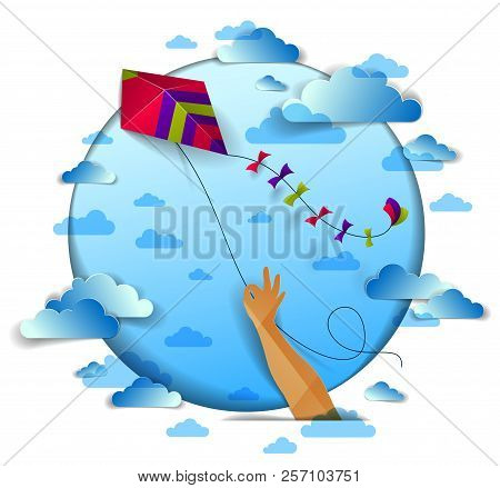 Hand Holding Kite Over Cloudy Sky, Freedom And Easiness Emotional Concept, Vector Modern Style Paper
