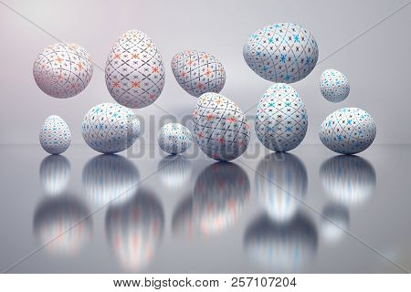 Illustration Of A Set Of Easter Eggs With Subtile Geometric Patterns Over The Reflective Surface  In