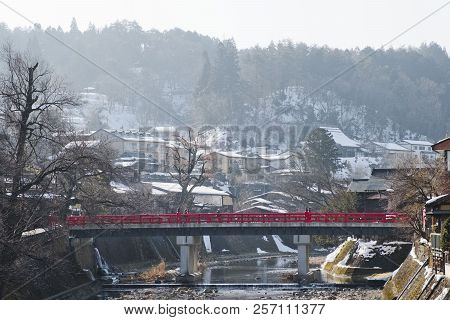 The Red Bridge Or Nakabashi Bridge In Takayama-shi, Takayama Japan