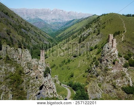 Aerial View From The Drone. Mountain Ingushetia, Medieval Tower Complex Vovnushki-stone Towers Stand