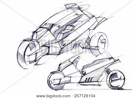 Illustration Of The Development Of A Motorcycle Project For A City On Electric Motors.