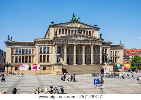 BERLIN, GERMANY - MAY 25, 2018: A view over the Gendarmenmarkt square in Berlin, Germany, and the Konzerthaus Berlin building