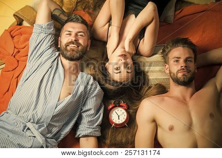 People Lovers Sleep At Alarm Clock, Time. Swinger Relations, Relax, Wake Up. Family Trust, Polygamy,