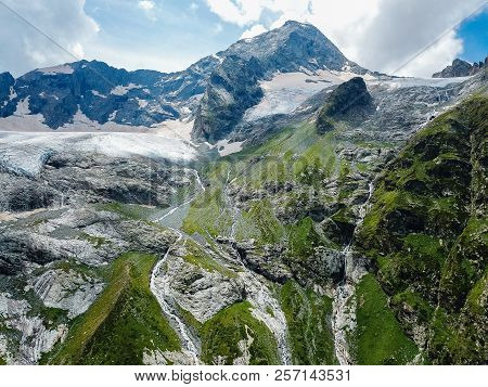 Aerial View From The Drone.the Source Of Sofia Waterfalls, Lower Arkhyz, Karachay Cherkess Republic.