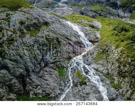 Aerial View From The Drone.the Source Of Sofia Waterfalls, Lower Arkhyz, Karachay Cherkess Republic.