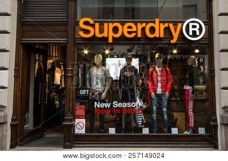Belgrade, Serbia - September 5, 2018: Superdry Logo On Their Main Store In Serbia. Superdry Is A Fas