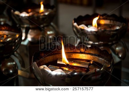 Oil Lantern In Chinese Temple In Thailand Close Up.