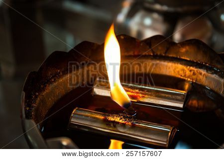 Oil Lantern In Chinese Temple In Thailand Close Up.