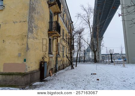 Western High-speed Diameter Over The Houses On Kanonersky Island In Winter In Saint Petersburg. Russ