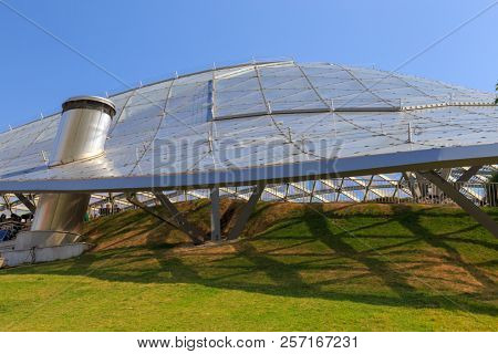 Moscow - September 4, 2018: Zaryadye Park with the modern amphitheater in Moscow, Russia. Zaryadye is one of the main tourist attractions of Moscow