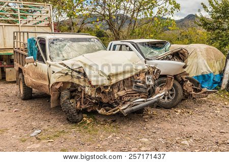 Copan Town, Copan, Honduras. February 2018. A View Of Crashed Cars In Copan Town In Honduras