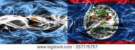 Argentina Vs Belize Smoke Flags Placed Side By Side. Thick Colored Silky Smoke Flags Of Argentinian 