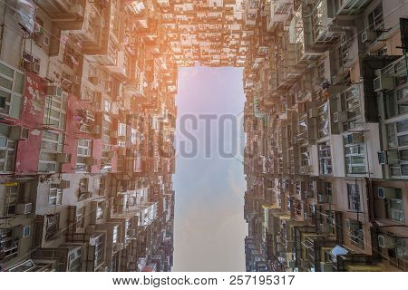 Bottom View Hong Kong Crowded Apartment, Cityscape Background