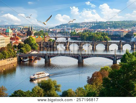 Row Of Bridges In Prague At Summer Day
