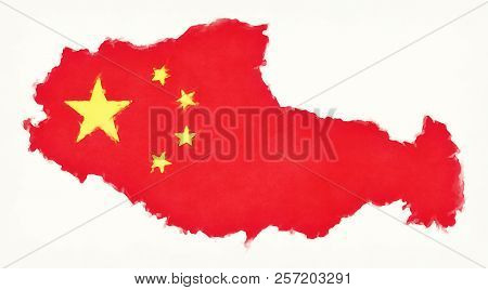 Xizang China Watercolor Map With Chinese National Flag Illustration