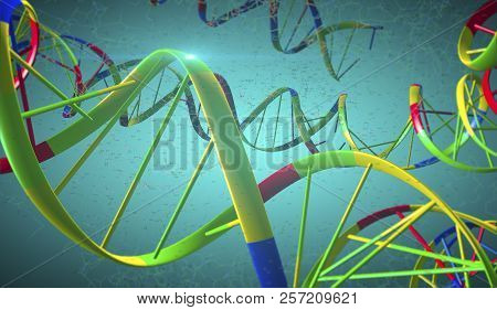 Dna Strands With Broken Interstrand Cross-links On Blue Background. Medical Sciense, Gene Genome Man