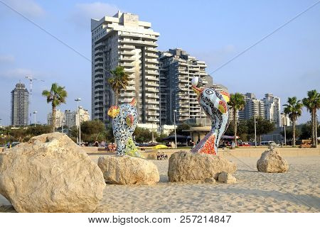 Ashdod, Israel -  September 01, 2018: Modern City Sculpture On The Embankment Against The Background