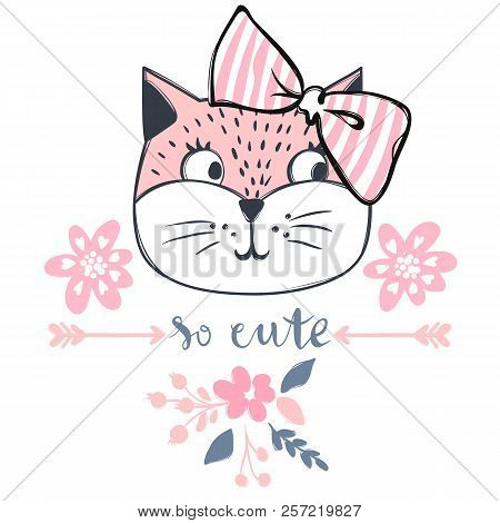 Cute Cat Vector Design. Girly Kittens. Fashion Cat's Face.