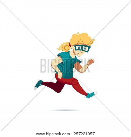 Boy In A Green T-shirt, Sneakers And Glasses Running. Male Blond Curly Hair Character In Red Pants. 