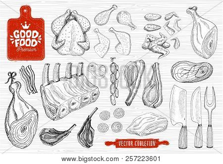 Good Food Premium Market, Logo Design, Butcher Shop, Meat Vector Collection. Butcher House Products,