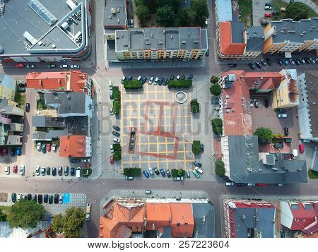 BIALOGARD, POLAND - 17 AUGUST 2018 - Aerial view on Bialogard city center with city square and town hall
