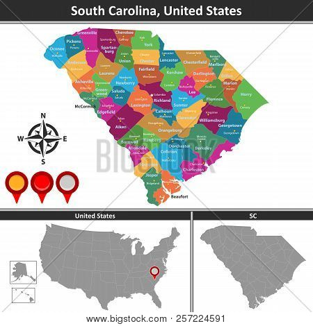 Vector Map Of South Carolina With Counties And Location On Us Map