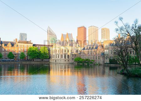 Mauritshuis Reflecting In Pond At Spring, Netherlands
