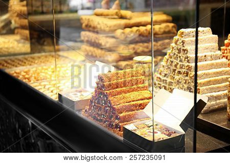 Showcase With Different Fresh Turkish Desserts, Closeup