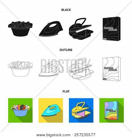 A Bowl With Laundry, Iron, Ironing Press, Washing Powder. Dry Cleaning Set Collection Icons In Carto