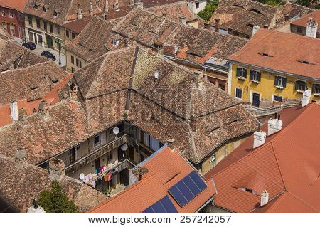 Sibiu, Romania - July 30, 2018: High Angle General View Of Rooftops In Sibiu, Transylvania