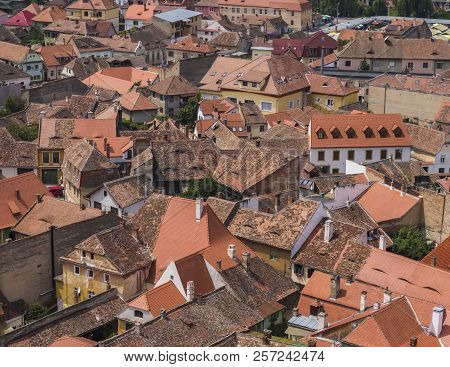 Sibiu, Romania - July 30, 2018: High Angle General View Of Rooftops In Sibiu, Transylvania