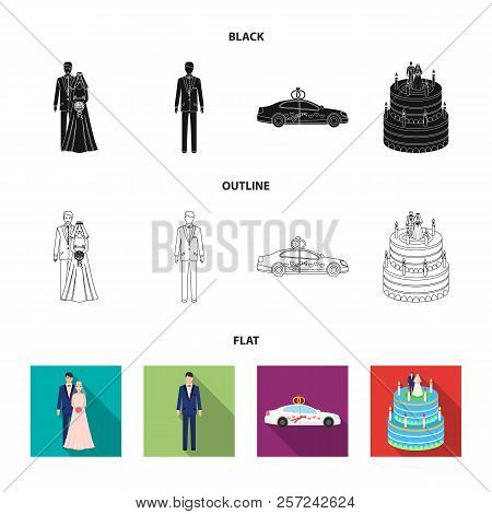 Wedding And Attributes Cartoon , Flat, Outline, Black Icons In Set Collection For Design.newlyweds A