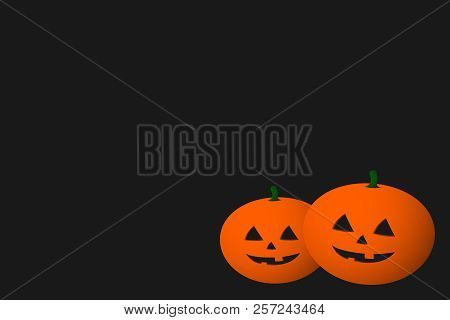 Halloween greeting card blank. Two three-dimensional 3D pumpkins on black background with copy space. Vector.