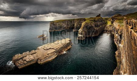 Panorama Of Old Wick Castle On High Cliffs In Stormy Weather, Scotland