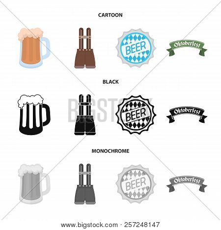 Shorts With Suspenders, A Glass Of Beer, A Sign, An Emblem. Oktoberfest Set Collection Icons In Cart