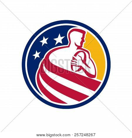 Mascot Icon Illustration Of An American Rugby Union Player Running With Ball Draped In Usa Stars And