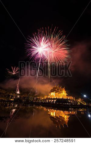 Fireworks Celebrate The New Year 2018 At Rajapruek Royal Park, Chiang Mai With Beutiful Light Of Hor