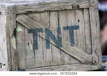 Tnt. Box Of Dynamite. Wild West Cowboy Mining Explosive In Wooden Crate Painted With The Letters T N