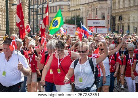Prague, Czech Republic - July 1, 2018: People Parading At Sokolsky Slet, A Once-every-six-years Gath