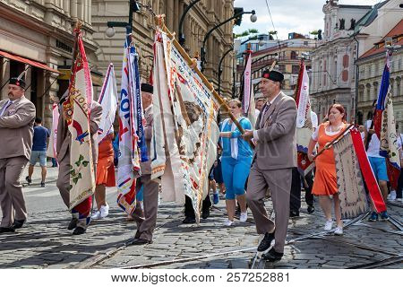 Prague, Czech Republic - July 1, 2018: People Parading At Sokolsky Slet, A Once-every-six-years Gath