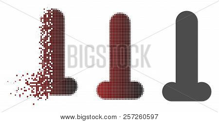 Dildo Icon In Dissolved, Pixelated Halftone And Undamaged Whole Variants. Particles Are Organized In