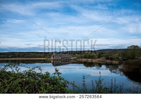 Remerschen, Luxembourg - April 15, 2018: Panoramic View Of The Lake In The Nature Reserve Haff Reime