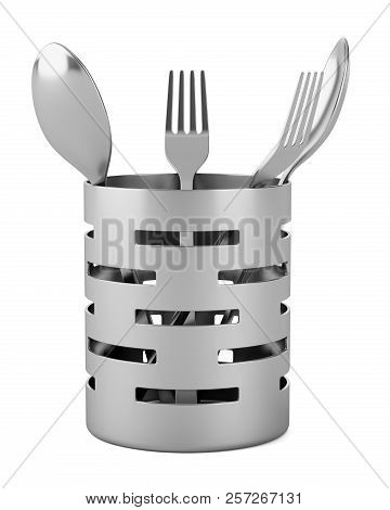 Cutlery Drainer With Forks And Spoons Isolated On White Background. 3d Illustration