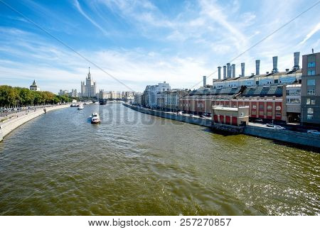 View From New Floating Bridge Of Zaryadye Park On Embankment Of Moscow River With The Moscow Orphana