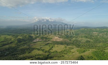 Aerial View Of Mountain Valley With Hillscovered Forest, Trees, Mount Iriga. Luzon, Philippines. Slo