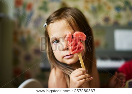 Little Girl Eating Tasty Watermelon Pink Smiling Squirrel Ice Cream Eyes Stick